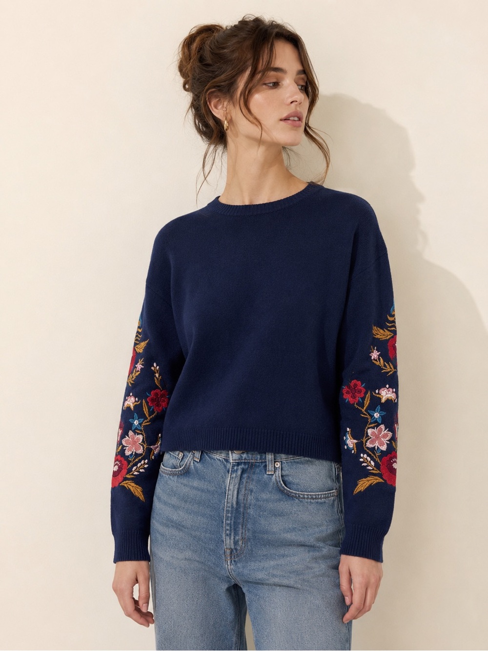 H&M Embroidered Floral Cottagecore Jumper Navy Blue Size Medium